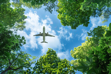 Eco-friendly air transport concept with a plane flying in the sky against a background of green trees