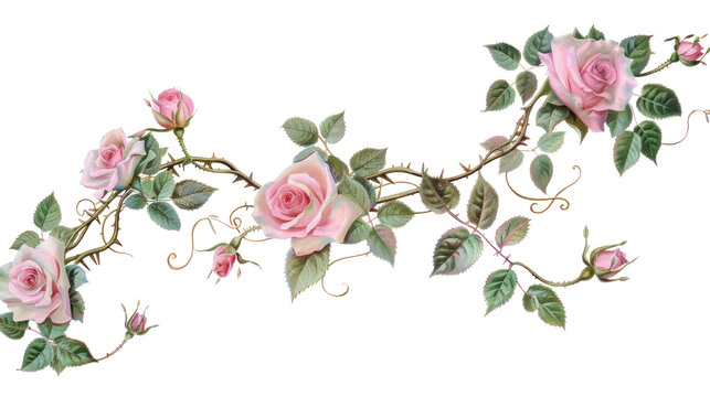 Pink Roses on a Vine with Thorns