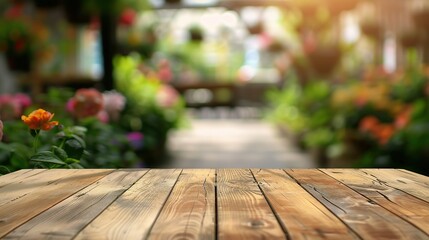 The empty wooden brown table top with blur background of flower plants in spring season