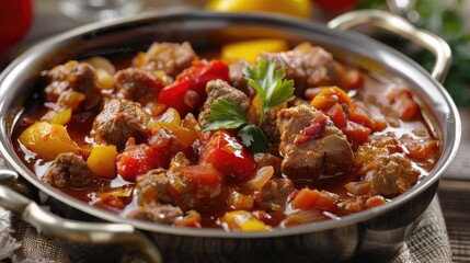 Paprika and meat in Hungarian stew or lecho