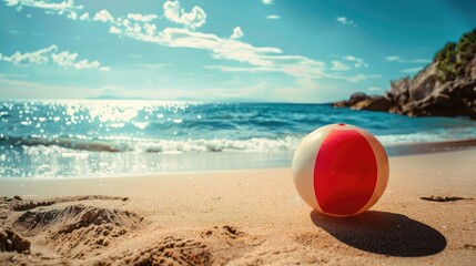 Obraz premium Beach ball rests on sand by the sea on a sunny day