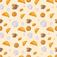 seamless background with coffee croissant
