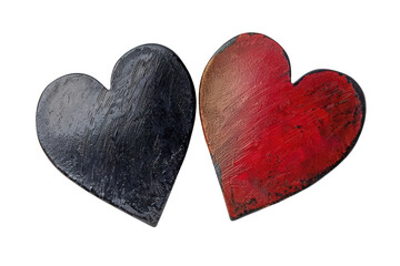 Obraz premium Two textured heart-shaped stones, one black and one red, symbolizing love, contrast, and unity, isolated on a white background.