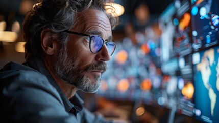 Focused senior professional analyzing data. Focused senior professional analyzing data on multiple screens in a modern, high-tech office environment.