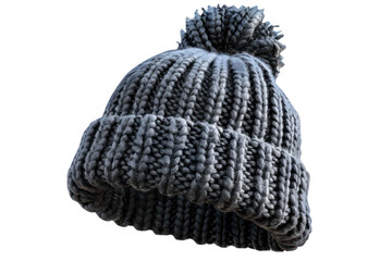 Warm knitted grey beanie with a pom-pom, perfect for winter weather and outdoor activities. Stylish and cozy headwear for cold seasons.