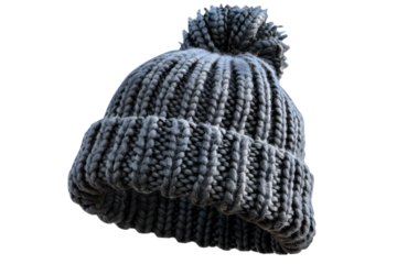 Warm knitted grey beanie with a pom-pom, perfect for winter weather and outdoor activities. Stylish and cozy headwear for cold seasons.