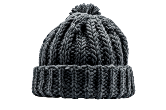 Close-up of a gray knitted winter hat with a pom-pom. Perfect for cold weather, cozy, warm, and stylish accessory.