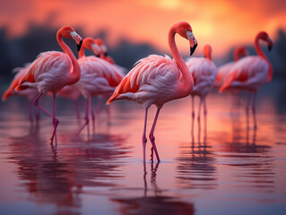 Flamingos are standing in a shallow lagoon