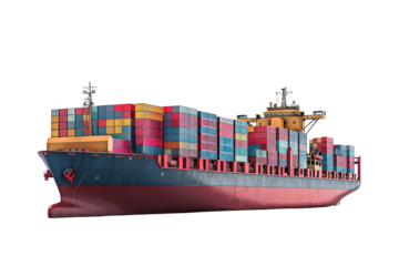 Large cargo ship carrying numerous colorful shipping containers across the ocean. Represents global trade, logistics, and international shipping.