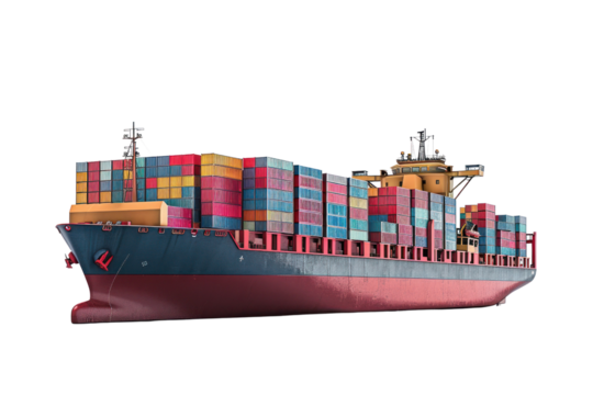 Large cargo ship carrying numerous colorful shipping containers across the ocean. Represents global trade, logistics, and international shipping.