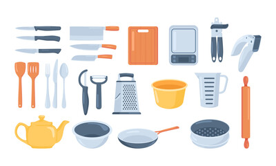 Kitchen tools set.Kitchen utensils icon collection with knife, spoon, fork, pans, cup, teapot, grater, rolling pin, cutting board, cutlery. Cooking and kitchenware food.Household in flat cartoon style