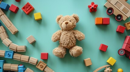 Colorful Baby Toys on Green Background - Teddy Bears, Wooden Train, Toy Cars, Blocks - Top View