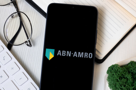 New York, USA - 1 June 2024: ABN AMRO Bank Logo on Phone Screen, Company Icon