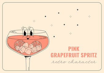 Groovy character pink grapefruit spritz. Retro banner alcoholic beverage with inscription. Retro vector illustration 70s, 80s style