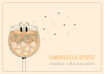 Groovy character limoncello spritz. Retro banner alcoholic beverage with inscription. Retro vector illustration 70s, 80s style