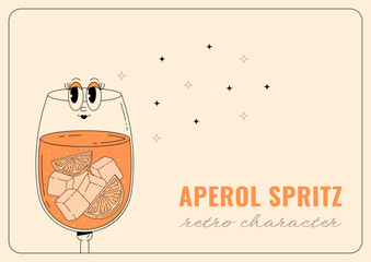 Groovy character Aperol spritz. Retro banner alcoholic beverage with inscription. Retro vector illustration 70s, 80s style
