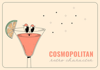 Groovy character cosmopolitan. Retro banner alcoholic beverage with inscription. Retro vector illustration 70s, 80s style