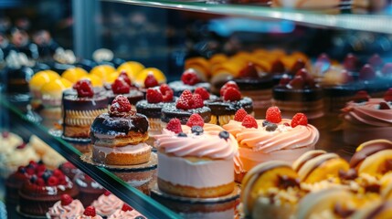 Assortment of Delicious Pastries in a Glass Display Case