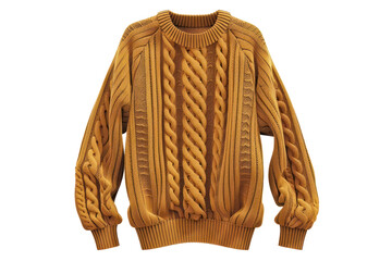 Obraz premium Cozy mustard yellow cable knit sweater with intricate design, perfect for warm autumn and winter fashion. Classic and stylish wardrobe staple.