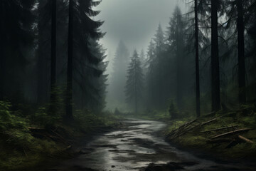 Misty Forest Path Leading into the Dense, Dark Woods with a Mysterious Atmosphere
