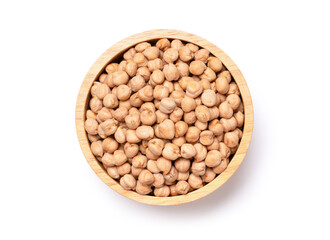 Dry chickpea in wooden bowl isolated on white background with clipping path. Top view, flat lay.