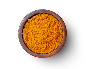 Turmeric powder (Tumeric curcumin, Curcuma longa linn) in wooden bowl isolated on white background. Top view, flat lay.