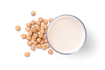 Glass of chick pea milk and chickpea isolated on white background. Top view, flat lay.