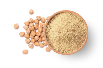 Chickpea flour in wooden bowl isolated on white background. Top view.