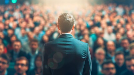 Fototapeta premium Dynamic Tech Conference Speaker Engaging Audience in Vibrant Environment
