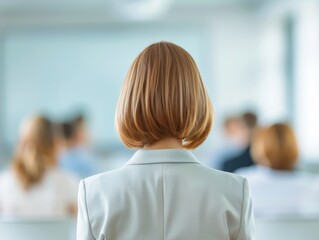 Engaging Business Seminar Female Participant in Vibrant Conference Room with Colleagues Listening in Background
