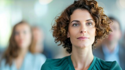 Obraz premium Young Professional Woman Engaged in Conference Room Seminar, Colleagues in Blur, Modern Corporate Setting with Copyspace.