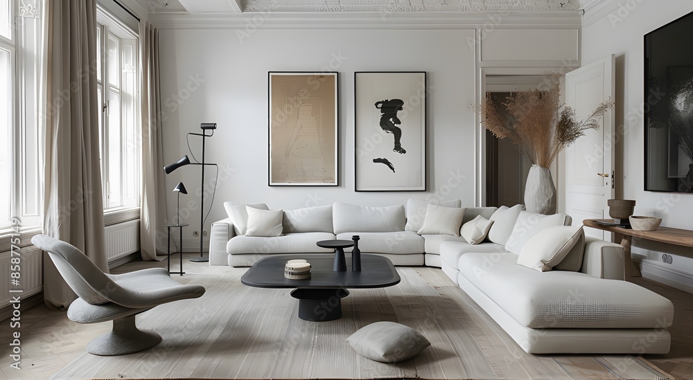 Wall mural a living room with white walls, a gray sofa, and a single black coffee table ai generative