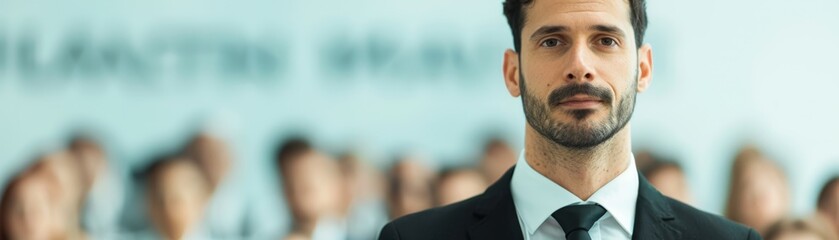 Fototapeta premium Engaged Businessman in Vibrant Conference Room Setting with Blurred Colleagues and Presenter, Perfect for Text Overlays