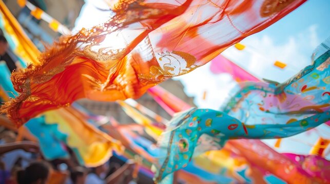 The energy of the festival captured in the movement of the banners flapping with joy and excitement.