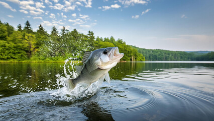 Fototapeta premium Bass fish jumping and splashing water photo