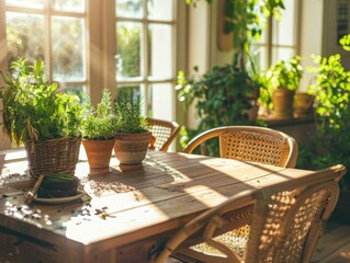 Obraz premium Sunlit cozy kitchen with wooden rustic table and potted herbs on top, surrounded by wicker chairs, creating a serene indoor garden atmosphere.
