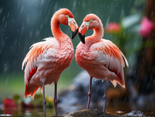 Flamingos standing together in the rain