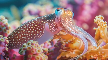 Obraz premium Photograph of a camouflaged squid blending seamlessly into its surroundings, its skin mimicking the patterns of coral or seaweed