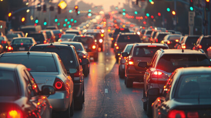 Dense traffic congestion on a city street during sunset, with numerous cars and glowing traffic lights.