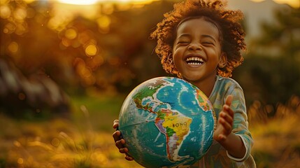 Fototapeta premium Photograph of a child's gleeful smile illuminating their face as they spin a globe, revealing a world of possibilities,