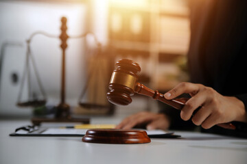 Law theme, gavel or mallet of the judge, lawyer enforcement officers, evidence-based cases taken...