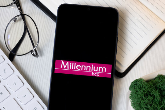 New York, USA - 1 June 2024: Banco Comercial Portugues Logo on Phone Screen, Millennium bcp Company Icon