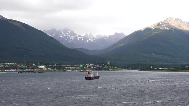 Chile Port Town Pilot Boat Remote Mountains Snow Moody Dramatic Landscape Boat Strait of Magellan South America