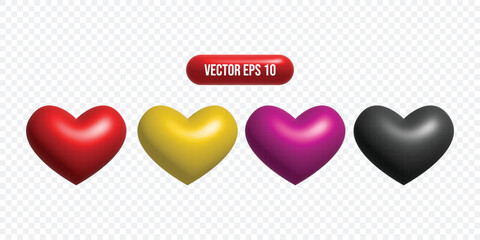 3d glossy heart set collection. Hearts collection three dimensional render vector illustration. Red and colorful hearts