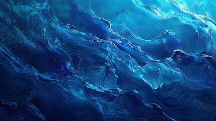 Vibrant abstract blue ocean waves with swirling patterns and varying shades, creating a dynamic and calming underwater scene.