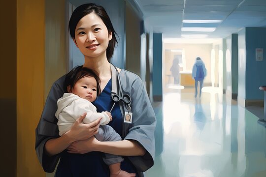 Smiley Asian female doctor stands in a hospital corridor with a baby in her arms. Young woman with a baby in her arms. - Powered by Adobe