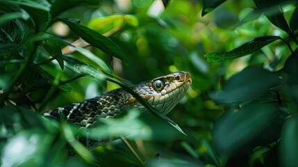 Fototapeta premium Photograph of a curious snake slithering through lush greenery,