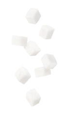 White sugar cubes falling isolated on white background.