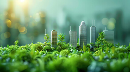 Miniature cityscape model surrounded by lush green plants, symbolizing urban greenery and sustainable living.