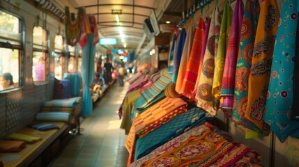 Colorful fabrics and handicrafts catch the eye of passengers passing through the train market.